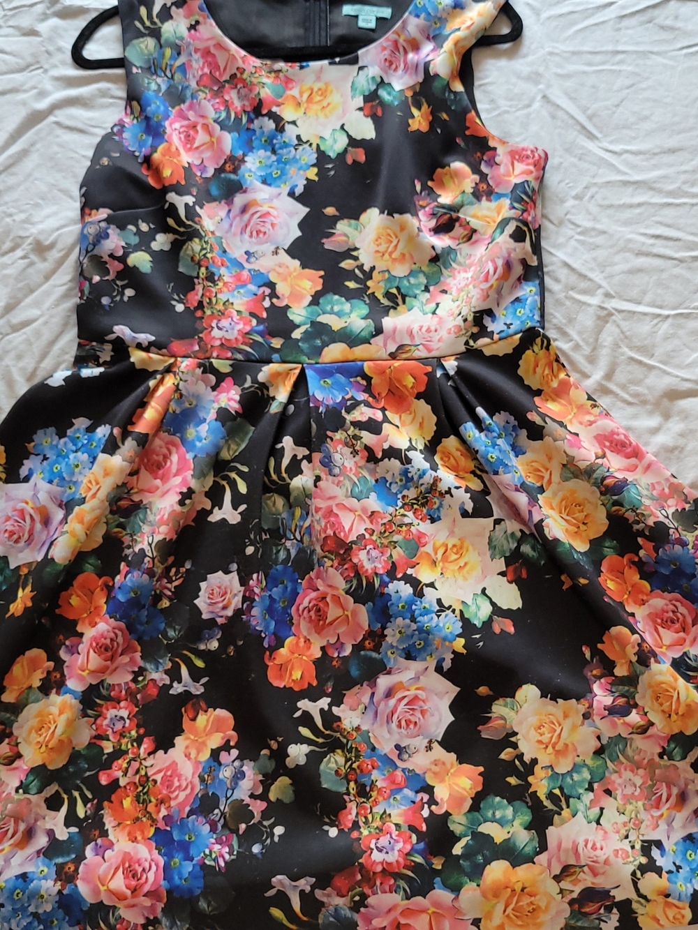 Stella Parker Floral Fit-and-Flare Dress in Black with Multicolor Roses Sz 14